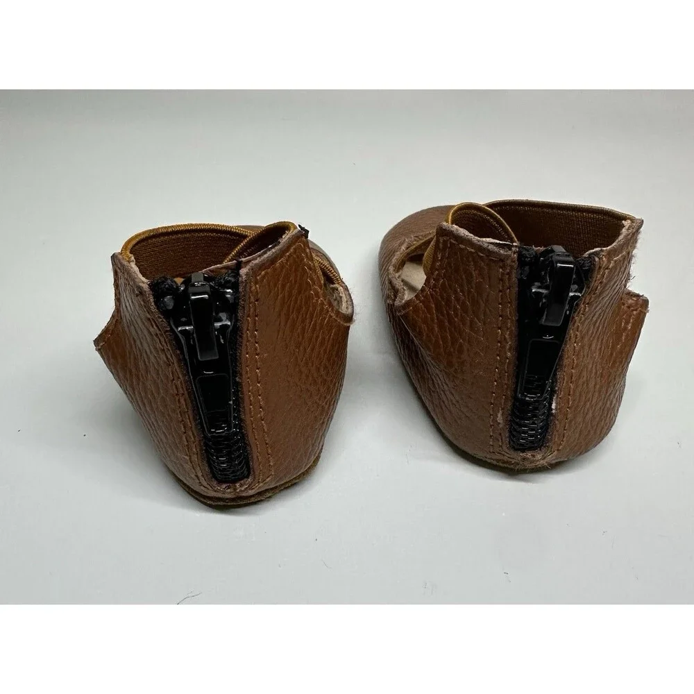 Monkey Feet Zip Up Stretch Strap Ballet‎ Flats Baby Girl Size 3-6m Brown Leather